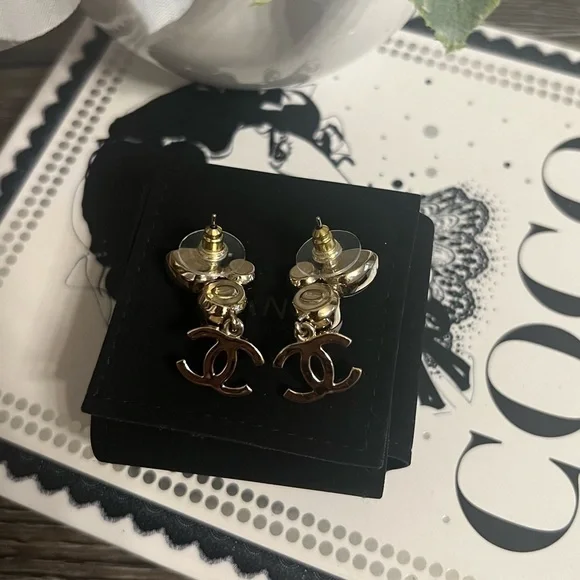 CHANEL Gold CC Faux Pearl Crystal Dangle Earrings